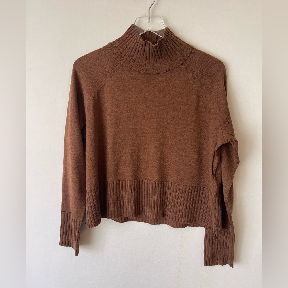 Merino Wool Jersey Mock Turtleneck Top Boxy Cropped PS
